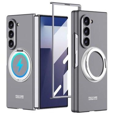 YQODSZ for Samsung Galaxy Z Fold 7 Case with Rotating Ring Holder Z Fold7 Magnetic Case Compatible Magsafe Accessories Built in Screen Protector Slim Hard PC Protective Cover for Z Fold 7 Grey