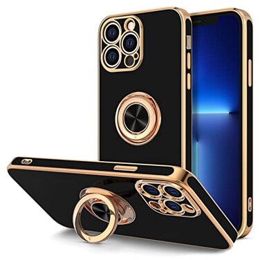 Hython for iPhone 13 Pro Max Case with Ring Stand 360Rotatable Ring Holder Magnetic Kickstand Plated Rose Gold Edge Slim Soft TPU Cover Luxury Protective Phone Case for Women Men Black