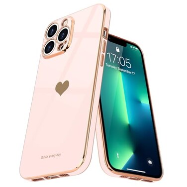 Teageo for iPhone 13 Pro Case for Women Girl Cute LoveHeart Luxury Bling Plating Soft Back Cover Raised Full Camera Protection Bumper Silicone Shockproof Phone Case for iPhone 13 Pro Light Pink