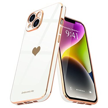 Teageo for iPhone 14 Case for Women Girl Cute Love Heart Luxury Electroplate Plating Soft Bling Back Cover Raised Full Camera Protection Bumper Silicone Shockproof Phone Case for iPhone 14 White