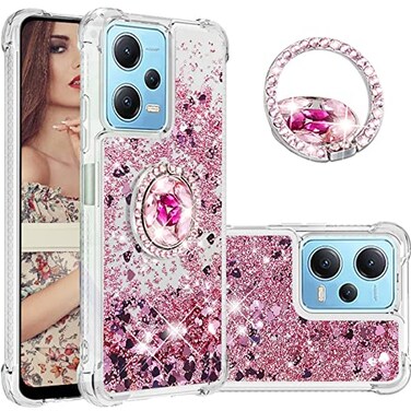 CCSmall Glitter Clear Sparkly Bling Case for Xiaomi Redmi Note 12 4G Flowing Liquid Quicksand Cover with Diamond Ring Holder Case for Xiaomi Redmi Note 12 4G LSZ Rose Gold