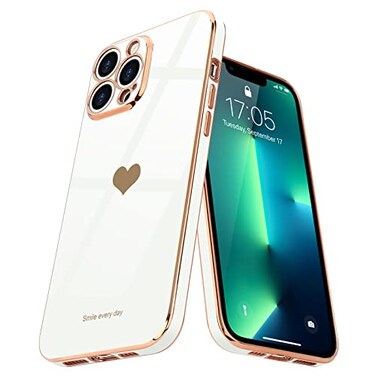 Teageo for iPhone 13 Pro Max Case for Women Girl Cute LoveHeart Luxury Bling Plating Soft Back Cover Raised Camera Protection Bumper Silicone Shockproof Phone Case for iPhone 13 Pro Max White