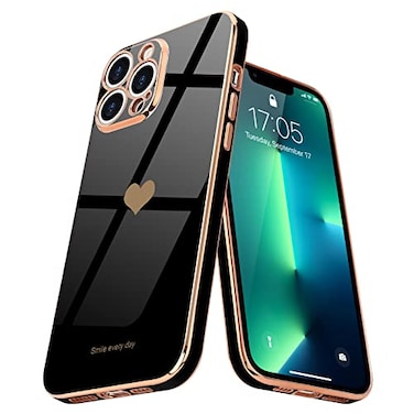 Teageo for iPhone 13 Pro Max Case for Women Girl Cute LoveHeart Luxury Bling Plating Soft Back Cover Raised Camera Protection Bumper Silicone Shockproof Phone Case for iPhone 13 Pro Max Black