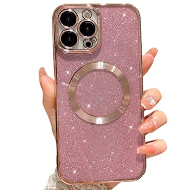 MGQILING Compatible with iPhone 12 Pro Max Magnetic Glitter Case Luxury Plating Cute Bling Clear Phone Case Compatible with MagSafe for Women Girls with Camera Protector Back Cover Pink