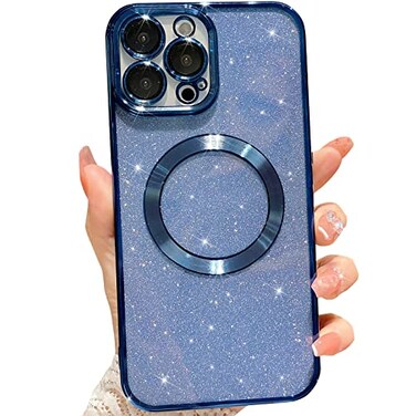 MGQILING Compatible with iPhone 13 Pro Max Magnetic Glitter Case Luxury Plating Cute Bling Clear Phone Case Compatible with MagSafe for Women Girls with Camera Protector Back Cover Blue