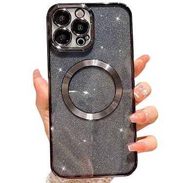 MGQILING Compatible with iPhone 13 Pro Max Magnetic Glitter Case Luxury Plating Cute Bling Clear Phone Case Compatible with MagSafe for Women Girls with Camera Protector Back Cover Black
