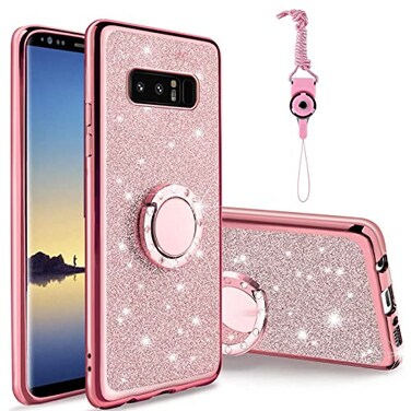 Easyscen for Galaxy Note 8 Phone Case with Ring Stand Lanyard Strap Drop Protection Shockproof 2Layer Protective Cover Cute Bling Glitter Girls Women Case for Samsung Note 8 Rose Gold