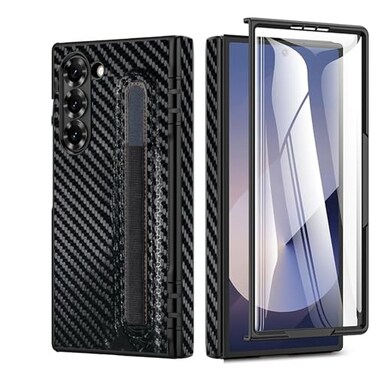 Gufiire for Galaxy Z Fold 7 Case with Hinge Protector Builtin Screen Protector Spring Hinge Protection Luxury Carbon Fiber Texture Leather Phone Cover for Samsung Galaxy Z Fold7 Black