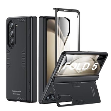 Kaiiecal for Samsung ZFold5 Case Hidden KickstandWireless Charging Slim Hinge Protection Lightweight Stand Case with Screen Protector Protective Phone Cover for Samsung Galaxy Z Fold 5 5G 2023 Black