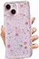 LSEEKA for iPhone 15 iPhone 14 iPhone 13 Clear Case with Pressed Real Flowers DesignGlitter Cute Pink Floral Pattern Soft TPU Protective Women Girls Phone Cover for iPhone 131415