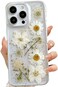 LSEEKA for iPhone 14 Pro Max Clear Case with Pressed Real Flowers DesignGlitter Cute White Floral Pattern Slim Soft TPU Protective Women Girls Phone Cover for iPhone 14 Pro Max