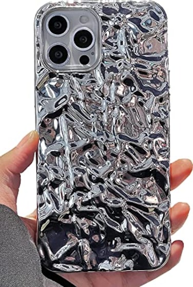 DIMEIYA Compatible with iPhone 14 Pro Case Tin Foil Pleated Luxury Designer Electroplated Silver Chrome Hearts Case for Silicone Slim Fit Soft TPU Case for iPhone 14 ProSilver
