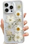 LSEEKA for iPhone 16 Pro Max Clear Case with Pressed Real Flowers DesignGlitter Cute White Floral Pattern Slim Soft TPU Protective Women Girls Phone Cover for iPhone 16 Pro Max