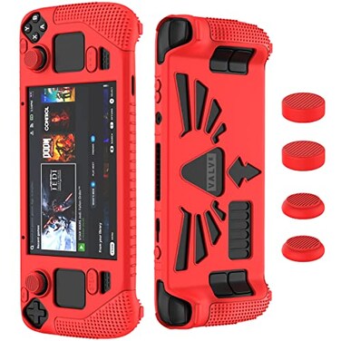 JimysCo Compatible with Steam Deck OLED LCD Standing Protective Case Thickening Silicone Accessories Protector Soft Cover Skin Shell with 2 Pairs Thumb Grips Full Protection for Valve Stream Deck Red