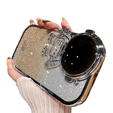 QoKcoahn Astronaut Hidden Stand Phone Case for iPhone 13 Pro MaxCute Astronaut Lens Camera Protector Kickstand Luxury Glitter Bling 6D Electroplated Clear Soft TPU Protector for Men Women Gold