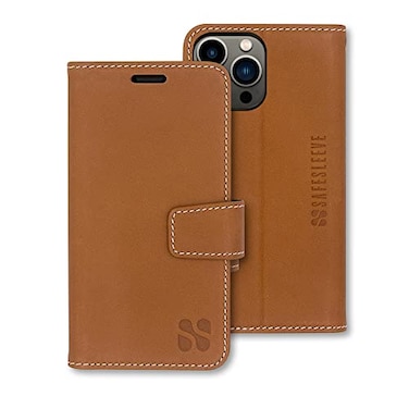SafeSleeve Wallet Leather Case for iPhone 14 Pro Max EMF Blocker for Cell Phone with 3 Card Holder Adjustable Stand Magnetic Closure and Magnetic Folio Protection for Daily Use Leather