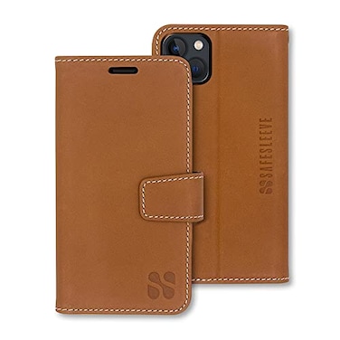 SafeSleeve Wallet Leather Case for iPhone 14 EMF Blocker for Cell Phone with 3 Card Slot Protective Design and Builtin Adjustable Stand for HandsFree Viewing Suitable for Men and Women Leather
