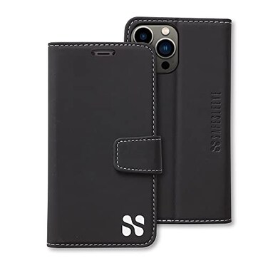 SafeSleeve Wallet Leather Case for iPhone 14 Pro EMF Blocker for Cell Phone with 3 Card Holder Adjustable Stand Magnetic Closure and Magnetic Folio Protection for Daily Use Black