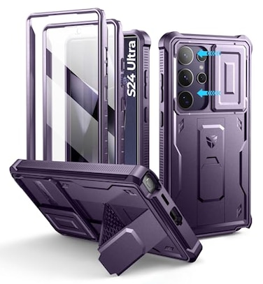 Dexnor for Samsung Galaxy S24 Ultra Case with Builtin Slide Camera Cover Screen Protector Kickstand Shockproof Rugged Case FullBody Bumper Protective Cover for Galaxy S24 Ultra 2024Purple
