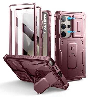 Dexnor for Samsung Galaxy S24 Ultra Case with Builtin Slide Camera Cover Screen Protector KickstandShockproof Rugged Case FullBody Bumper Protective Cover for Galaxy S24 Ultra 2024Maroon Red