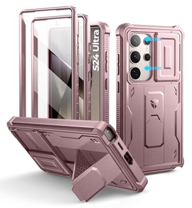 Dexnor for Samsung Galaxy S24 Ultra Case with Builtin Slide Camera Cover Screen Protector KickstandShockproof Rugged Case FullBody Bumper Protective Cover for Galaxy S24 Ultra 2024Peony Pink