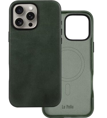 Le Pelle Handcrafted Premium Italian Leather Case for iPhone 16 Pro Max Compatible with Magsafe TwoTone Effect with Unique Patina Over Time Emerald Green