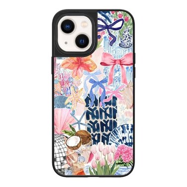 Ehreus Summer Phone Case for iPhone 13 Slim Shockproof Hard Shell 5ft Drop Protection Cute Aesthetic Beach Bow Collage Pattern Tough Protective Case for Women and Girl