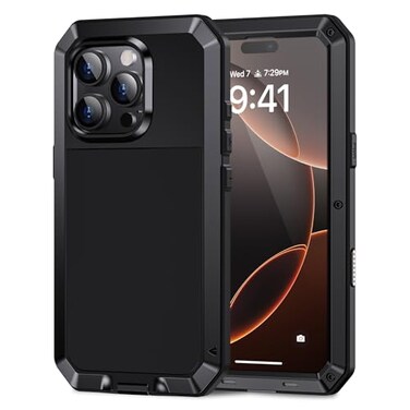 Lanhiem for iPhone 16 Pro Max Case Metal Heavy Duty Shockproof Tough Rugged Case with Builtin Glass Screen Protector 360 Full Body DustProof Strong Protective Phone Case for 16 Pro Max 69 Black