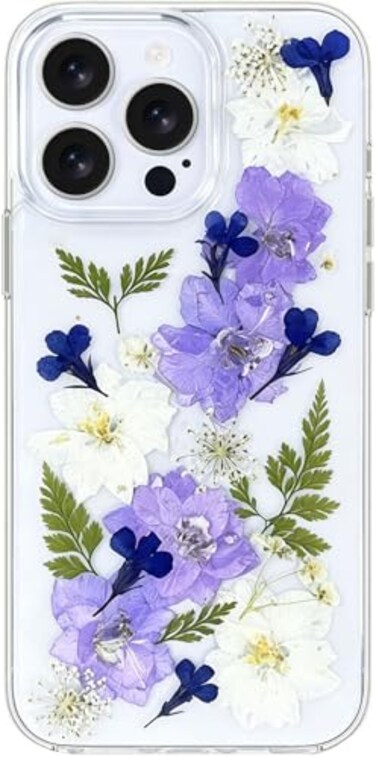 Abbery for iPhone 14 Pro Max Case Clear Flower Design Real Pressed Dried Blue White Floral Soft TPU Slim Women Girls Protective Shockproof Phone Cover for iPhone 14pro Max Navy Flower