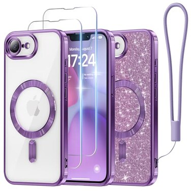 Meifigno Designed for iPhone 17e16e Case 61 Compatible with MagSafe Glitter Card Wrist Strap 2X Screen Protectors Surround Raised Lens Protection Phone Case for 17e16e Purple