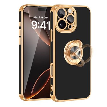 Fingic for iPhone 16 Pro Max Casewith 360Rotatable Ring HolderSupport Magnetic Car MountShiny Plating Gold Slim Thin Soft TPU Bumper Shockproof Case for iPhone 16 Pro Max for Women Men2024Black