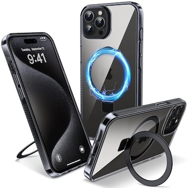 Flyzoo Magnetic Case for iPhone 15 Pro Builtin Invisible Stand Compatible with MagSafe Military Grade Drop Protection AntiYellowing Hard Back Silicone Edge Cover 61 Clear Black
