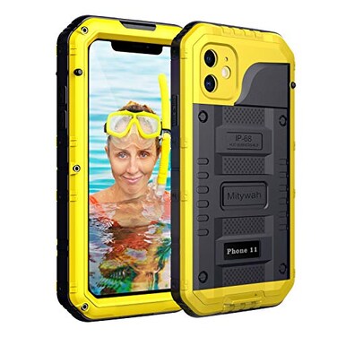 Mitywah Waterproof Case for iPhone 11 Heavy Duty Military Grade Shockproof Cover Builtin Screen Protection Metal Case Full Body Dustproof Strong Rugged Thick for iPhone 11 Yellow