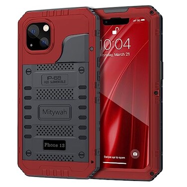 Mitywah Waterproof Case for iPhone 13 Heavy Duty Military Grade Drop Protection Phone Case with Builtin Screen Protector 360 Full Body Protection Metal Armor Dropproof Case 61 inch Red