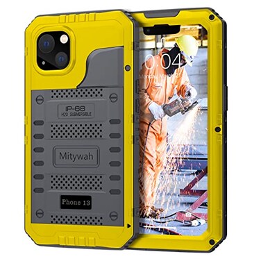 Mitywah Waterproof Case for iPhone 13 Heavy Duty Military Grade Drop Protection Phone Case with Builtin Screen Protector 360 Full Body Protection Metal Armor Dropproof Case 61 inch Yellow