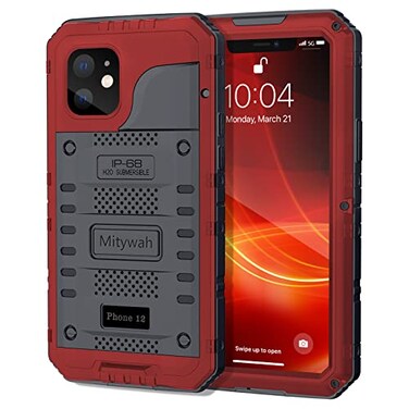 Mitywah Waterproof Case for iPhone 12 Heavy Duty Shockproof Case with Builtin Screen Protector Full Body Underwater Protective Metal Case 61 inch Red
