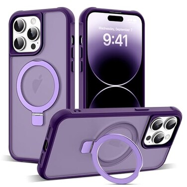 SKYLMW Compatible with iPhone 14 Pro Case with Invisible Magnetic ORing Stand MilitaryGrade Translucent Case for iPhone 14 Pro 61 Compatible with MagSafeGreat Grip Feeling Purple