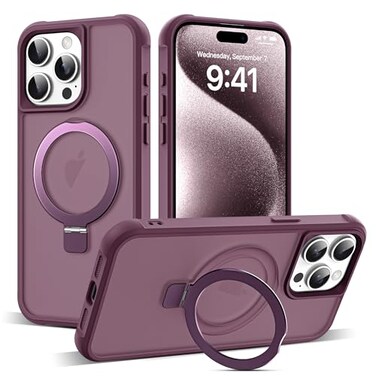 SKYLMW Compatible with iPhone 15 Pro Case with Invisible Magnetic ORing Stand MilitaryGrade Translucent Case for iPhone 15 Pro 61 Compatible with MagSafeGreat Grip Feeling Wine Red