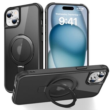 SKYLMW Compatible with iPhone 15 Case with Invisible Magnetic ORing Stand MilitaryGrade Translucent Case for iPhone 15 61 Compatible with MagSafeGreat Grip Feeling Black