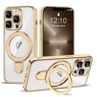 ETPESOK Compatible with iPhone 13 Pro Max Case with Invisible Magnetic Ring Stand Compatible with MagSafe Full Camera Lens Protector Plating Clear Phone Case for iPhone 13 Pro Max 67 Gold
