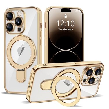 ETPESOK Compatible with iPhone 14 Pro Max Case with Invisible Magnetic Ring Stand Compatible with MagSafe Full Camera Lens Protector Plating Clear Phone Case for iPhone 14 Pro Max 67 Gold