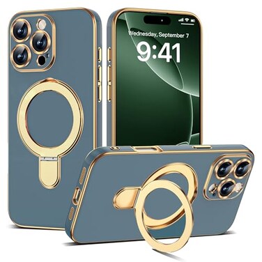 ETPESOK Compatible with iPhone 16 Pro Max Case with Magnetic Ring Stand Compatible with MagSafe Full Camera Lens Protector Soft Plating Phone Case for iPhone 16 Pro Max 69 Grey Blue