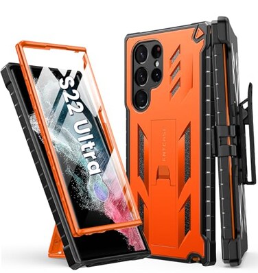 FNTCASE for Samsung Galaxy S22 Ultra Case Builtin Screen Protector Kickstand BeltClip Holster FullBody Dual Layer Rugged Heavy Duty Shockproof Protective Phone CoverOrange