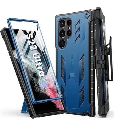 FNTCASE for Samsung Galaxy S22 Ultra Case Builtin Screen Protector Kickstand BeltClip Holster FullBody Dual Layer Rugged Heavy Duty Shockproof Protective Phone CoverBlue