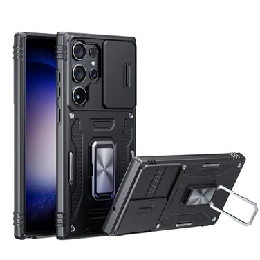 ANNGELAS ANGELAS Shockproof Phone Case for Samsung Galaxy S23 Ultra Silicone TPU Bumper with AntiFall ProtectionSlide Camera Cover Rotating Ring Kickstand68InchBlack