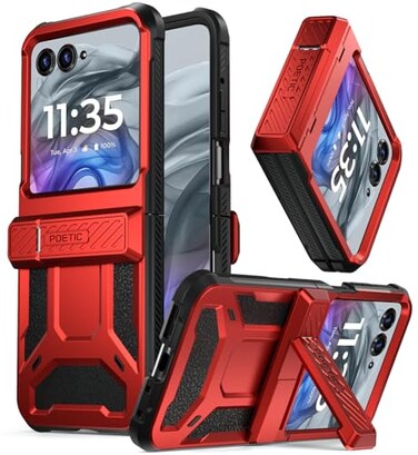 Poetic Spartan Case for Motorola Moto Razr 2024KickstandHinge Protection20FT MilGrade Drop Tested FullBody Rugged Shockproof Protective Cover with Kickstand Metallic Red