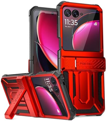 Poetic Spartan Case for Motorola Moto Razr Plus 2023KickstandHinge Protection20FT MilGrade Drop Tested FullBody Rugged Shockproof Protective Cover with Kickstand Metallic Red