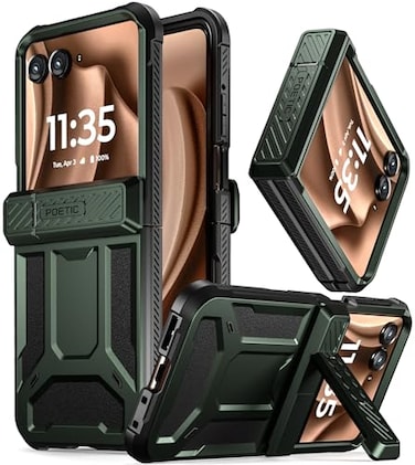 Poetic Spartan Case for Motorola Moto Razr Plus 202620252024KickstandHinge Protection FullBody Rugged Shockproof Protective Cover with Kickstand Metallic Green