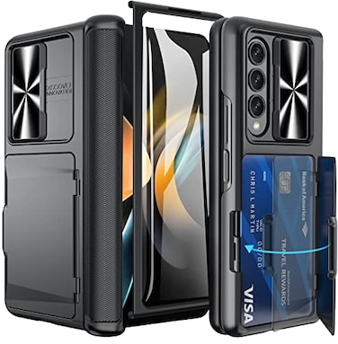 Vihibii for Samsung Galaxy Z Fold 4 5G Case with Hinge Protaction Builtin Card Holder Kickstand Slide Camera Cover Screen Protector Multifunction Case for Samsung Galaxy Z Fold 4 2022 Black