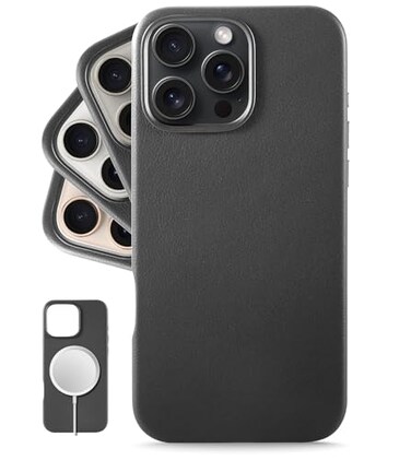 LONLI Classic for iPhone 16 Pro Max Leather Case European Genuine Vele Leather Phone Case Smoothen and Soften Over Time Compatible with Magsafe Black